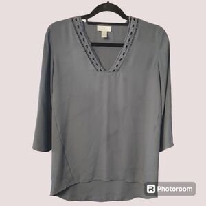 Sheer gray, LOFT, Blouse. 3.4 sleeve, v-neck, XS. Shoulder to shoulder 16 inch